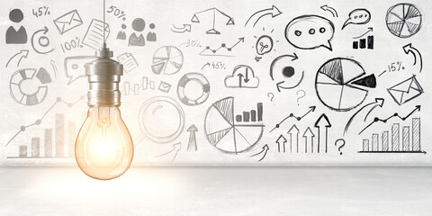 Aufkleber - Illuminated lightbulb surrounded by various business-related sketches. 3D Rendering