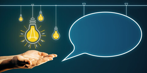 Poster - Bright lightbulbs and speech bubble over hands, symbolizing ideas and concepts.