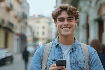 Canvas Print - A smiling young man is standing on a city street in a denim shirt and using a mobile phone. Close-up photo, Generative AI