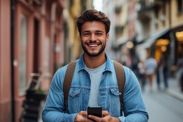 Canvas Print - A smiling young man is standing on a city street in a denim shirt and using a mobile phone. Close-up photo, Generative AI