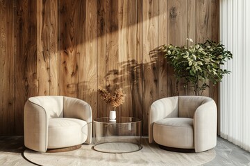 Modern lounge area with two beige armchairs and a glass coffee table, against a wooden paneled wall, light and minimalistic design concept.  3D, Generative AI