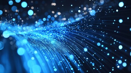 Poster - This abstract image features a stream of blue light particles flowing across a dark background, symbolizing technology, innovation, movement, energy, and connection.