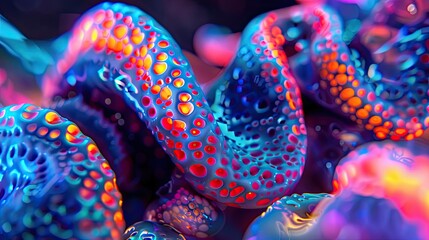 Poster - Vibrant Neon Luminous Biomorphic Claymation Form Displaying Surreal Colorful Grotesque Characteristics Under Dramatic Lighting