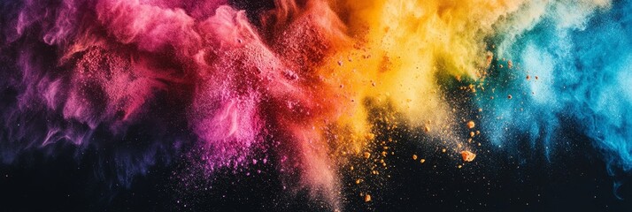 Wall Mural - A vibrant explosion of pink, yellow, and blue powder against a black background. The colors symbolize energy, creativity, joy, and freedom.