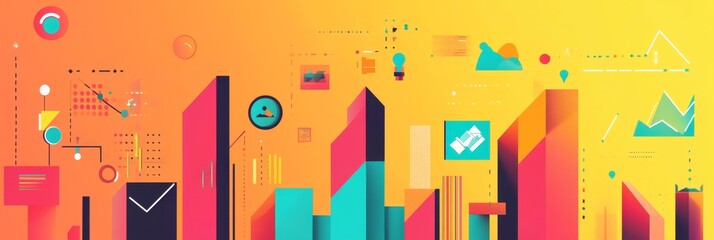 Poster - Abstract illustration depicting growth, progress, innovation, technology, and data visualization through colorful geometric shapes.