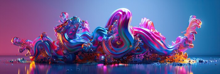 Poster - Colorful Biomorphic Claymation Form in Surrealistic Style Creating Luminous Reflections on a Polished Surface During a Dreamlike Environment