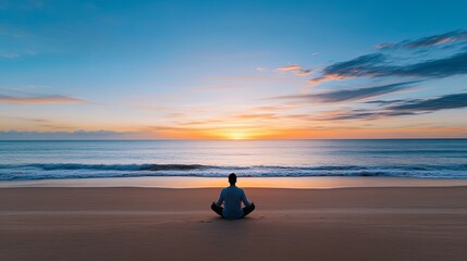 Wall Mural - Silhouette of a person sitting cross-legged on a serene beach during sunset, calm waves in the background, evoking a sense of mental clarity and emotional tranquility.