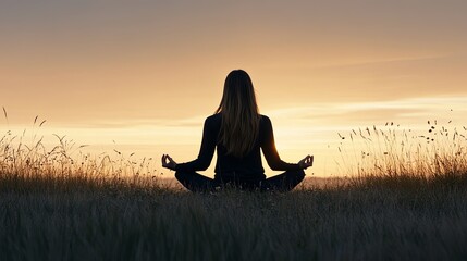 Wall Mural - silhouette of a person meditating in a quiet meadow with tall grass and wildflowers, golden hour lig