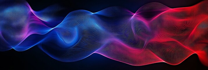 Poster - A digital illustration of flowing, abstract waves in blue and red hues against a dark background. Symbolizing energy, motion, connection, and the digital world.