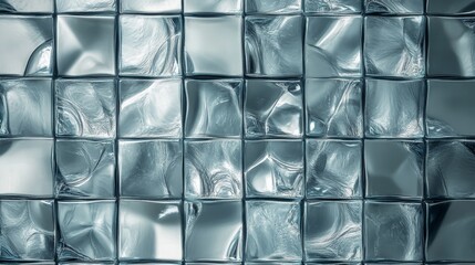 Poster - A close-up of a wall with textured glass tiles, creating an abstract, geometric pattern. The tiles are arranged in a grid, each with a unique distortion that adds depth and dimension. The image evokes