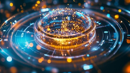 Poster - A futuristic abstract background with a glowing sphere encased in concentric circles. The sphere is filled with particles that radiate light, symbolizing innovation, technology, data, and progress.