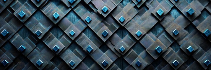 Poster - A captivating abstract background featuring a grid of geometric shapes with a subtle metallic sheen. The dark backdrop is accented with vibrant blue squares, creating a sense of depth and dimension.
