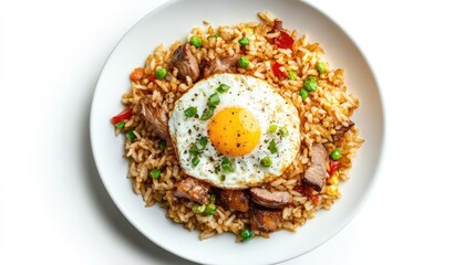 Top view of American fried rice with pork and egg, isolated on white background. Clipping path, vibrant and flavorful