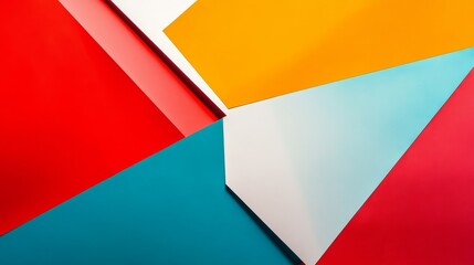 Poster - This image features a vibrant abstract design with overlapping geometric shapes in red, orange, blue, and white, creating a dynamic and visually appealing composition.