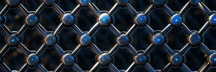 Poster - A close-up shot of a metallic grid with blue highlights, symbolizing structure, connection, technology, design, and pattern.