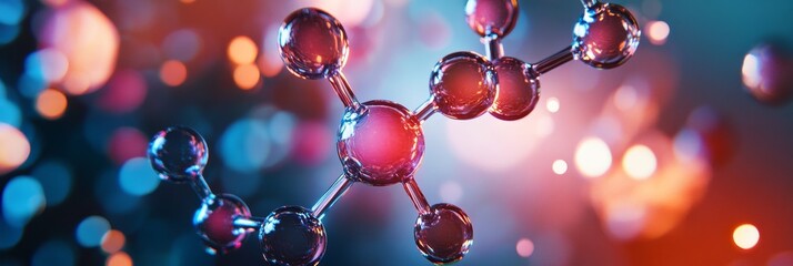 Poster - An abstract image of a molecular structure with red and blue bokeh lights in the background symbolizing: connection, science, research, technology, and innovation.