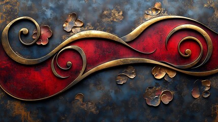 Wall Mural - A vibrant design showcases intricate red and gold curves against a rich, textured backdrop