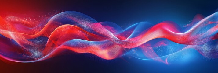 Poster - An abstract background featuring two flowing waves, one red and one blue, symbolizing energy, movement, duality, creativity, and technology.