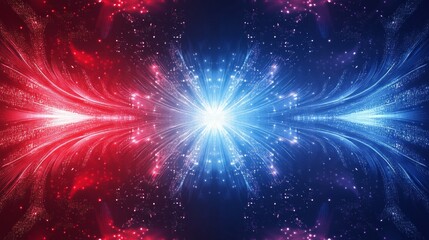 Poster - A vibrant abstract background with red and blue light bursts converging in the center, symbolizing energy, creativity, duality, connection, and innovation.