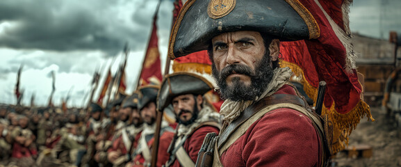 Wall Mural - Spanish Tercios Warriors: Battle-Ready in Stormy Skies with Burgundy Flag in Cinematic Realistic Photography