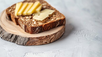 Canvas Print - Snack roast rusk from dark bread with cheese on wooden board. White background. copy space