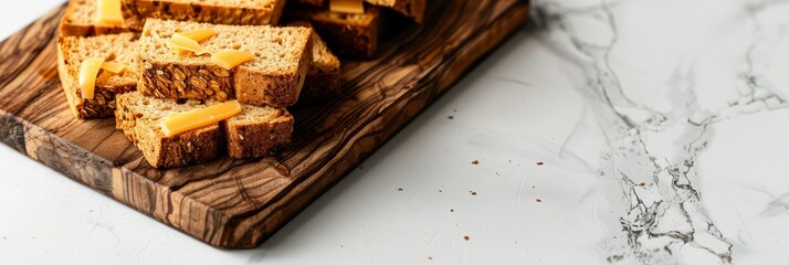 Canvas Print - Snack roast rusk from dark bread with cheese on wooden board. White background. copy space