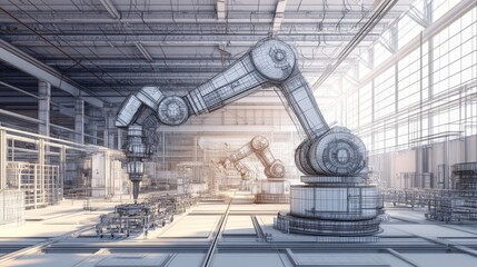 Poster - a wireframe of a robotic arm in a factory setting, symbolizing automation, efficiency, technology, p