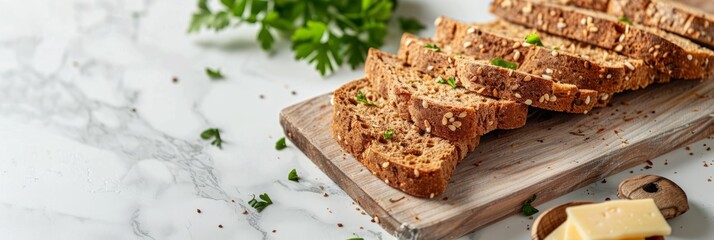 Wall Mural - Snack roast rusk from dark bread with cheese on wooden board. White background. copy space