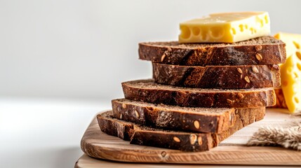 Wall Mural - Snack roast rusk from dark bread with cheese on wooden board. White background. copy space