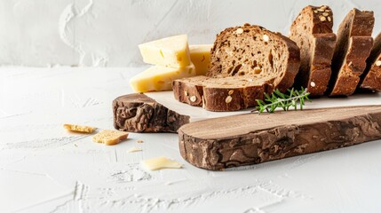 Wall Mural - Snack roast rusk from dark bread with cheese on wooden board. White background. copy space