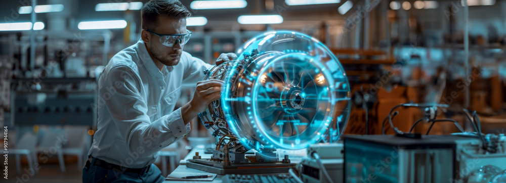 Skilled Engineer Enhancing Jet Engine with Augmented Reality in High ...