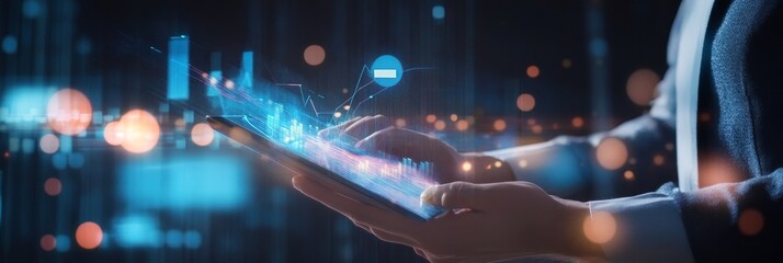 Poster - A businessman uses a tablet to analyze financial data. Holographic charts and graphs float above the tablet, symbolizing growth, innovation, technology, and data analysis.