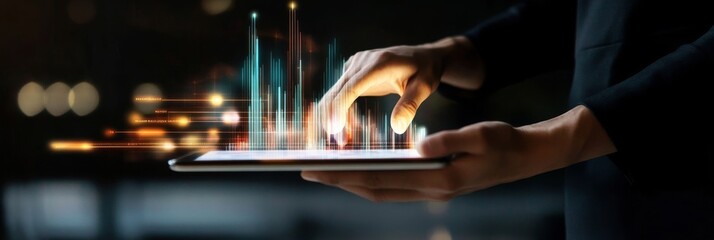 Poster - A businessman analyzes data and charts on a digital tablet. He is using his finger to navigate the screen, and the data is represented by lines and graphs. This symbolizes technology, data analytics, 