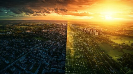 Poster - An aerial view of a city at sunset, with a digital network of glowing lines running through the center, symbolizing technology, connectivity, progress, and the future.