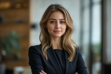 Portrait of a professional woman in a suit. Business woman standing in an office, Generative AI