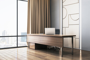 Wall Mural - Modern office desk with laptop and city view through large window. 3D Rendering