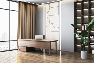 Wall Mural - Modern executive office interior with desk, laptop, and city view. 3D Rendering