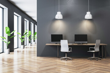 Wall Mural - Modern office interior with desks and computers. 3D Rendering