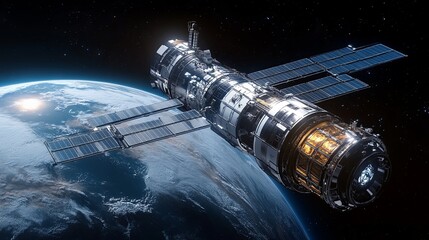 Wall Mural - close-up of a futuristic space station orbiting a planet, illustrating human expansion into space, m