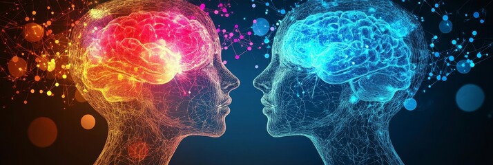 Poster - two abstract heads with glowing brains symbolize communication, collaboration, connection, understan