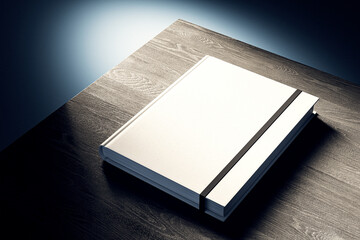 Poster - Closed white book mockup on a wooden table with spotlight. 3D Rendering