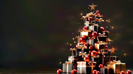 Wall Mural - A Christmas tree made entirely of stacked gift boxes, each with gold bows and red baubles. The tree glows with festive lights against a dark background