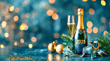 Wall Mural - A bottle of champagne sits on a blue table with gold 2025 lettering and a blue ribbon. Golden lights illuminate the scene for a New Year's Eve celebration