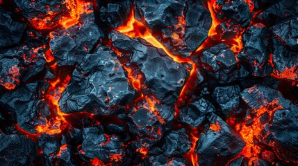 A pile of smoldering charcoal. Close-up texture of coals after the fire, top view. Illustration for cover, card, postcard, interior design, banner, poster, brochure or presentation.