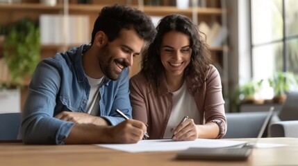 happy couple signing important documents at home.