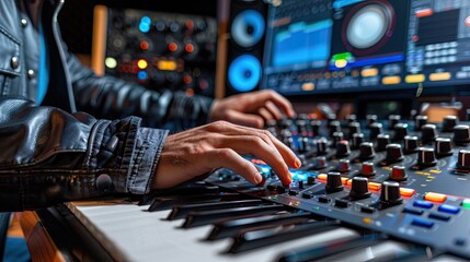 Professional working behind a sound mixer in a recording studio. Close-up of operator's hands on the panel. Illustration for cover, card, interior design, banner, poster, brochure or presentation.