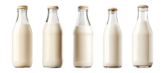 Set of milk bottles isolated on transparent or white background