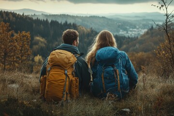 Wall Mural - Carefree couple enjoys in view while taking break during hiking in nature, Generative AI