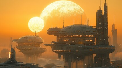 Wall Mural - Solar-powered floating cities on a distant planet, style by idea24club