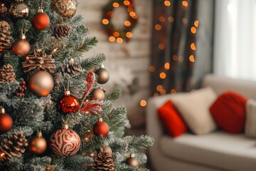 A decorated Christmas tree and living room on bokeh background